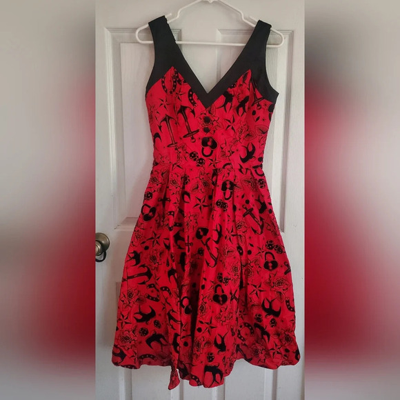 Hell Bunny Vixen Dresses & Skirts - Hell Bunny Vixen red all over print tattoo flash flock retro dress